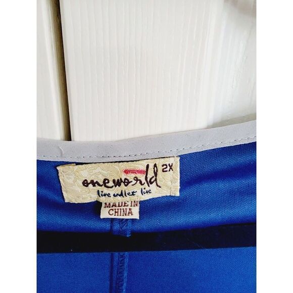 One World 2X Tank Top Blouse Boho Flowy‎ Blue Green Stretch Ribbed Lined Beaded - Picture 3 of 7